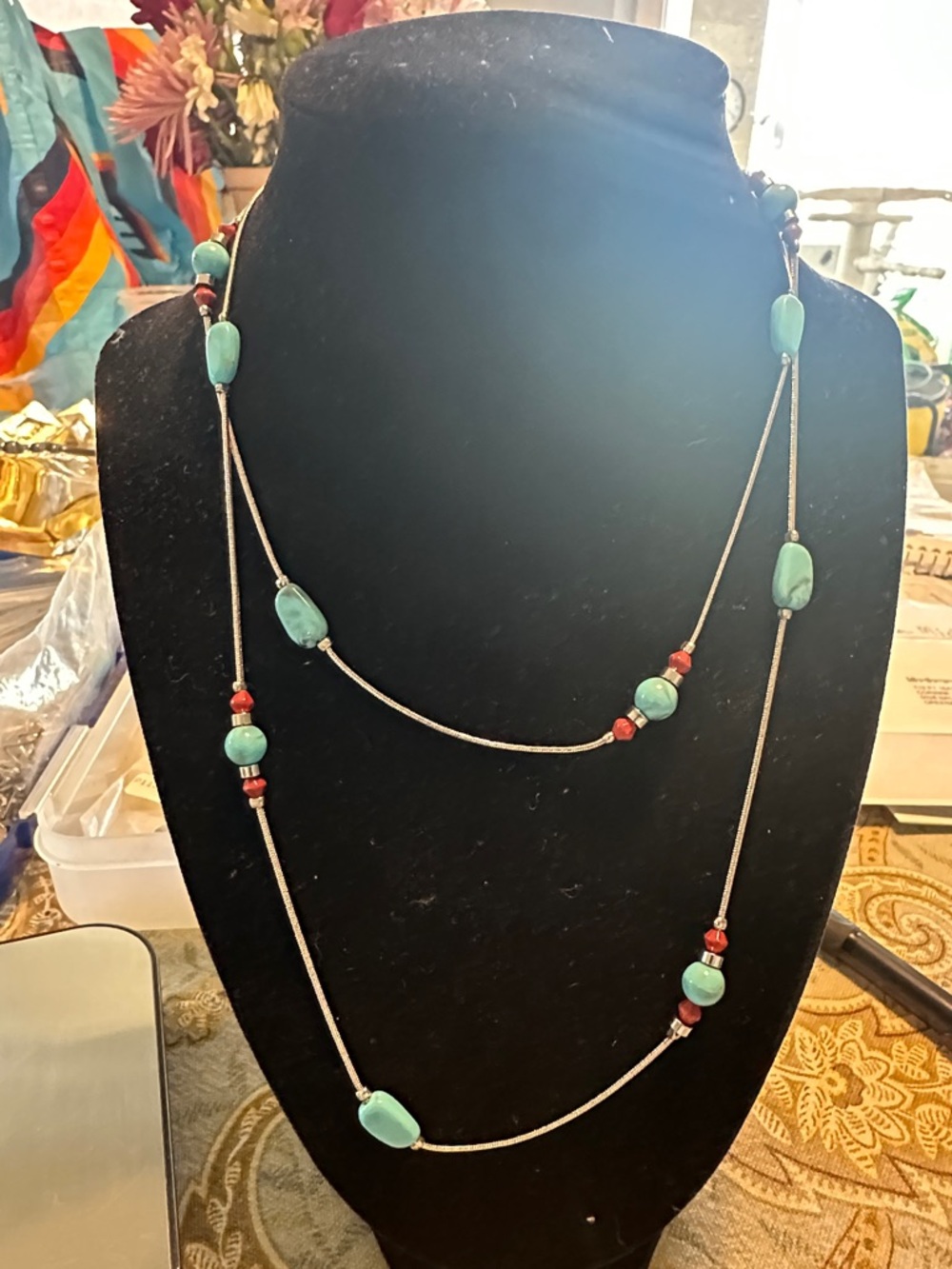Source Unknown Turquoise and Red Beaded Long Layered Necklace